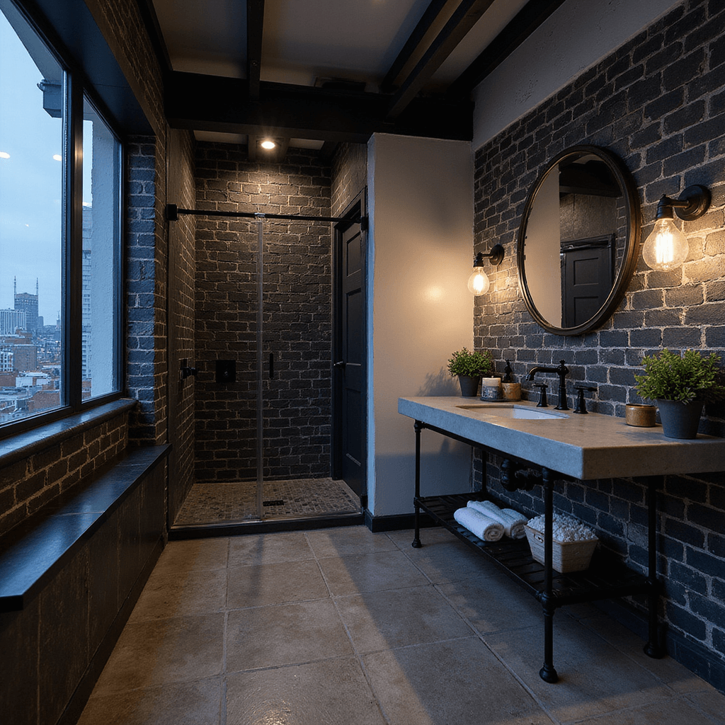 Black Bathroom Design Ideas: Unleashing Elegance in Darkness Loft-style industrial luxe bathroom featuring exposed steel beams, black subway tiles, factory windows with city views, and a custom black metal vanity, illuminated by Edison bulb sconces during blue hour.