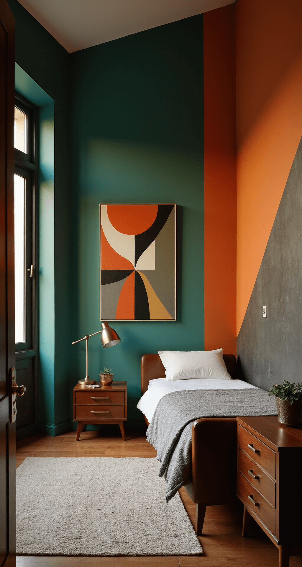 Green and Orange Bedroom: Unleashing Color Magic in Your Personal Sanctuary Contemporary primary bedroom at twilight with emerald green and burnt orange color-blocked walls, mid-century modern walnut furniture, metallic accents, and oversized abstract art, captured from an elevated position near the doorway with moody evening lighting.
