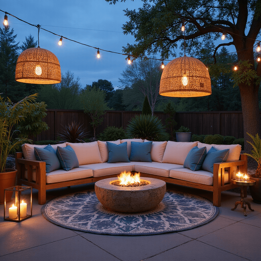Creating Your Backyard Oasis: Comprehensive Design Guide for 2025 Intimate outdoor living space at twilight featuring a modular sectional in weathered teak, plush coastal blue cushions, woven pendant lights, natural stone fire pit, and layered geometric rugs, all highlighted by warm ambient light and soft bokeh landscaping.