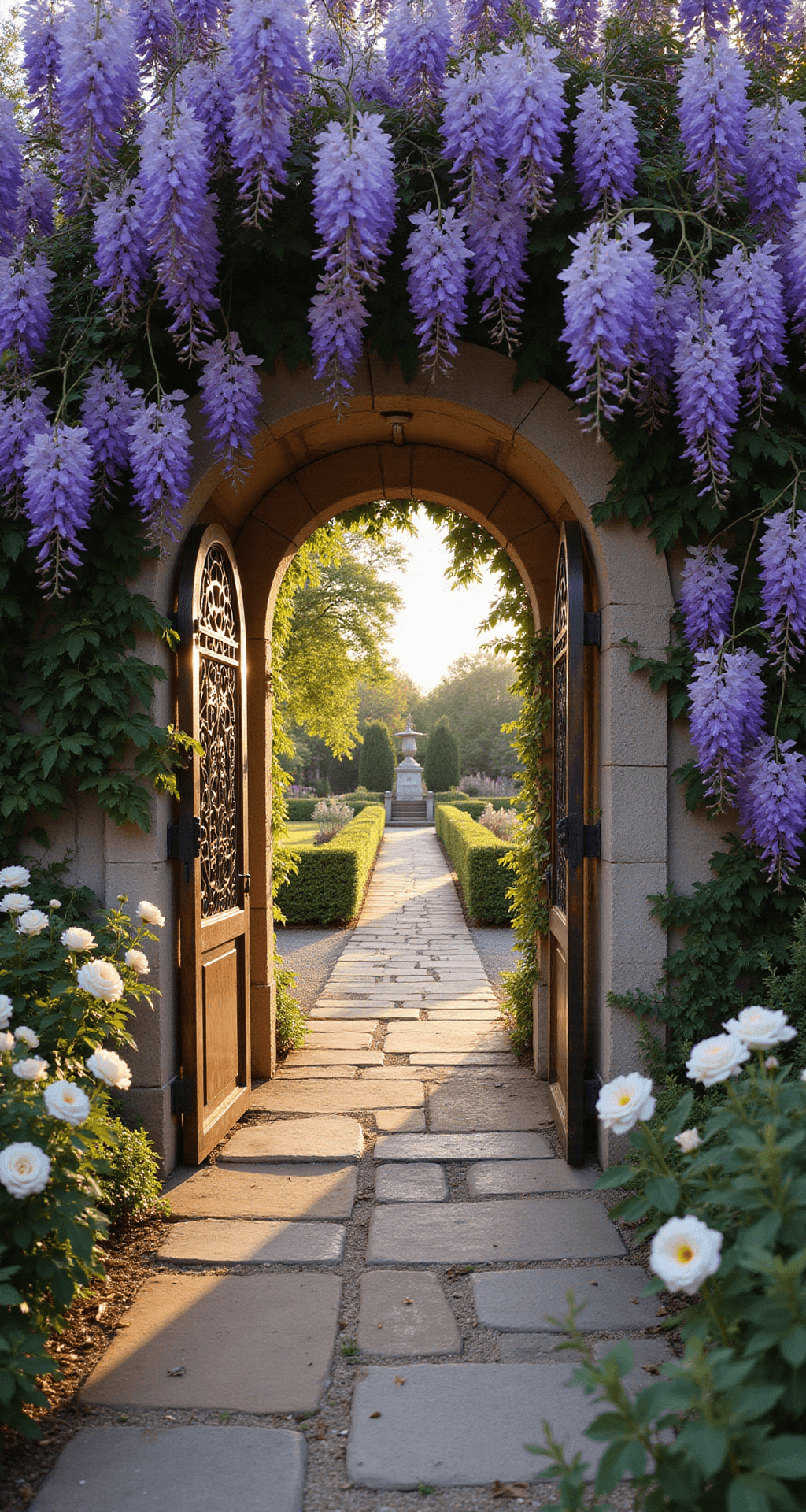 Stunning Garden Entrance Ideas: Transform Your Outdoor Welcome A wide stone archway covered in blooming purple wisteria leads to a weathered copper gate, framed by a natural flagstone path bordered by lavender and white roses, all bathed in warm golden light at sunset.