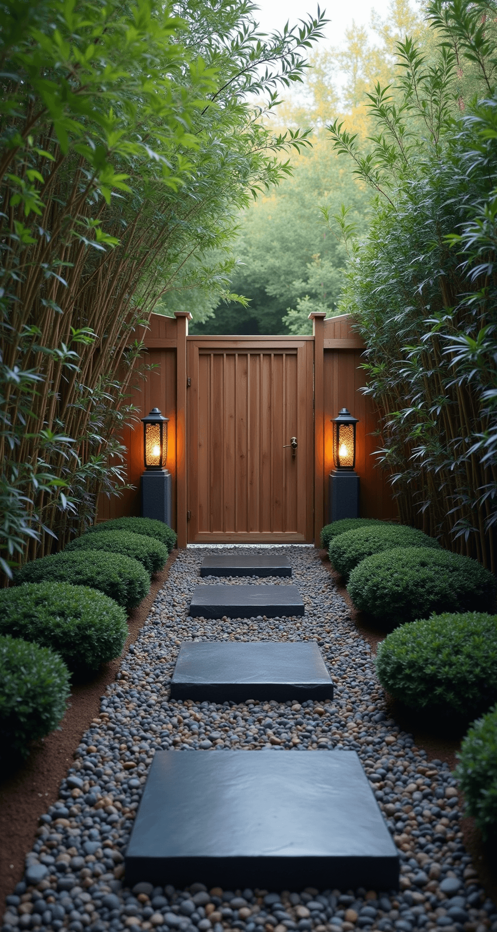 Stunning Garden Entrance Ideas: Transform Your Outdoor Welcome Intimate Japanese-inspired garden entrance at dawn featuring a narrow cedar gate, cloud-pruned boxwoods, and softly glowing stone lanterns amidst morning mist, with black slate stepping stones above raked gravel, framed by a bamboo grove.
