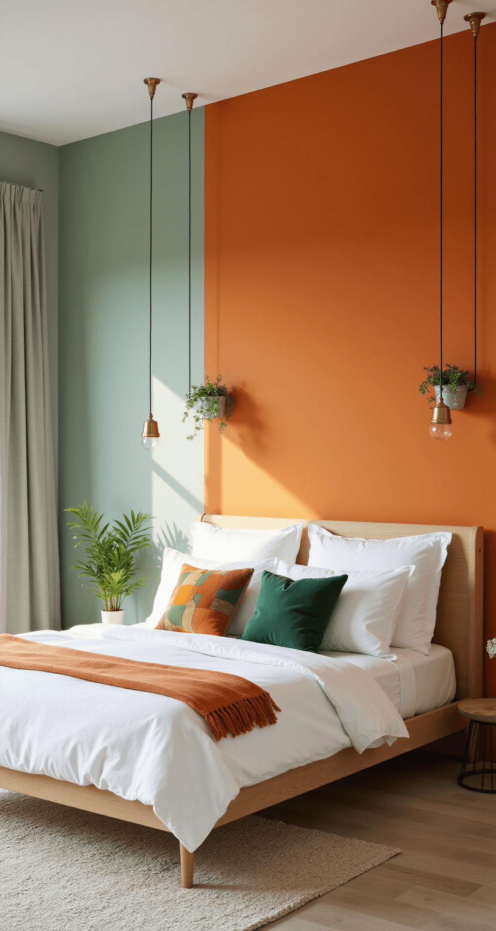 Green and Orange Bedroom: Unleashing Color Magic in Your Personal Sanctuary A minimalist bedroom featuring a vibrant orange statement wall and soft sage green walls, with a platform bed dressed in white linens and geometric accent pillows. Hanging plants and brass pendant lights enhance the modern decor, captured from a low angle to highlight the ceiling height and architectural details.