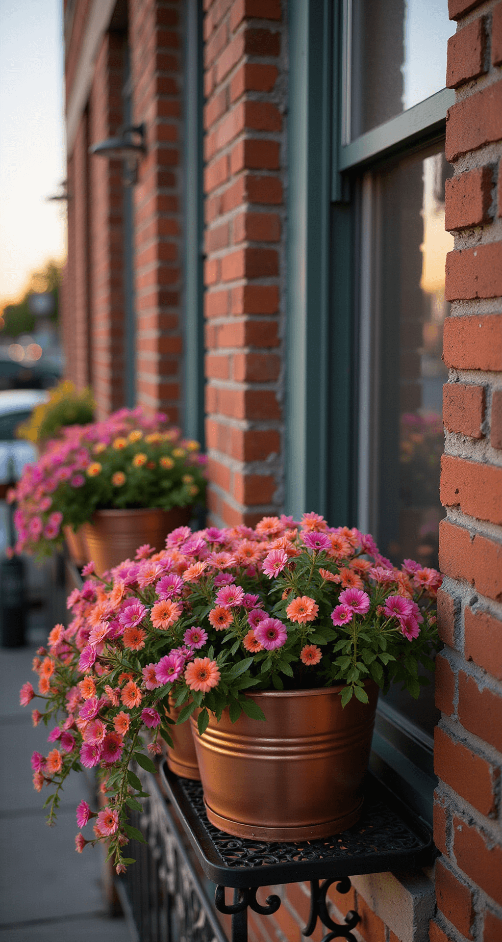Spectacular Fall Flowers: Your Ultimate Guide to Autumn Garden Color An intimate balcony garden at sunset featuring cascading Calibrachoa in copper-toned window boxes, with three vintage metal boxes overflowing with pink, orange, and yellow blooms, set against a weathered brick wall and wrought iron railings, softened by evening backlight.
