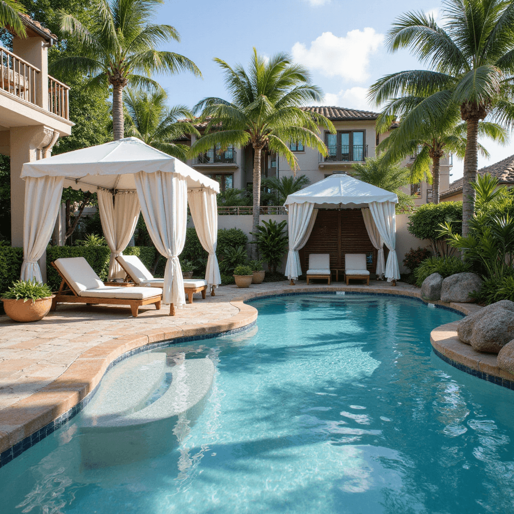 Creating Your Backyard Oasis: Comprehensive Design Guide for 2025 Aerial view of a luxurious resort-style pool area featuring an infinity edge pool with aqua mosaic tiles, white canvas cabanas, teak chaise lounges, tropical plants in oversized pottery, LED lighting in the decking, and hidden outdoor speakers, captured in bright mid-afternoon light.