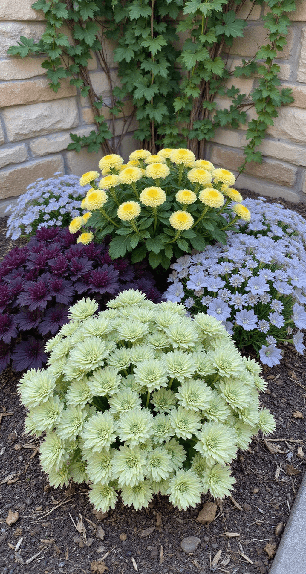Spectacular Fall Flowers: Your Ultimate Guide to Autumn Garden Color A serene garden corner with pale yellow Nemesia 'Lemon Mist' intermixed with deep purple ornamental kale against an aged stone wall, illuminated by late afternoon light. The composition features varying heights of flowers and foliage, with climbing ivy adding texture, all captured with a slight motion blur to convey the crisp autumn atmosphere.