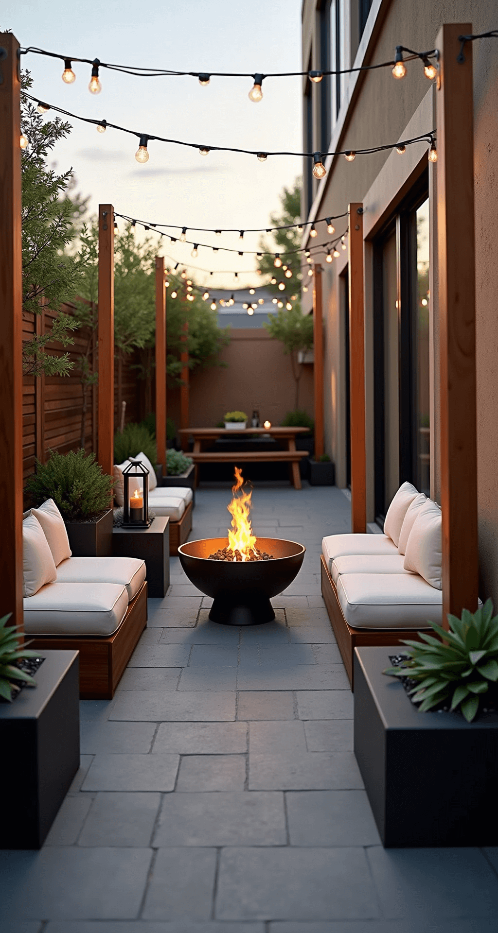 Small Fire Pit Ideas: Transform Your Compact Outdoor Space Wide-angle view of an intimate urban patio at golden hour, featuring a sleek 24-inch steel fire bowl, modern charcoal concrete pavers, low-profile acacia wood benches with cream cushions, overhead string lights, copper lanterns, and sage green succulents in matte black planters.