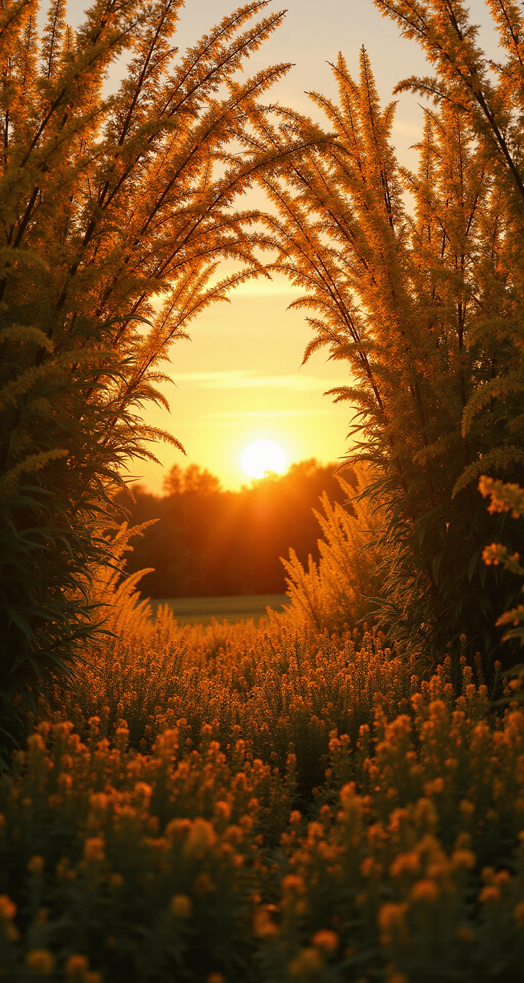 Spectacular Fall Flowers: Your Ultimate Guide to Autumn Garden Color A dramatic sunset illuminates six-foot Goldenrod 'Fireworks' creating archways in a meadow garden, filled with golden blooms and Monarch butterflies, showcasing rich autumn colors of deep gold, bronze, and amber.