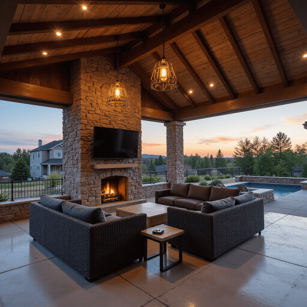 Creating Your Backyard Oasis: Comprehensive Design Guide for 2025 A sunset view of a 30x20ft entertainment pavilion featuring a vaulted ceiling with exposed beams, an outdoor TV above a stone fireplace, charcoal grey sectional seating, vintage industrial pendant lighting, retractable screens, and polished concrete flooring with LED strips, shot from a corner angle to highlight the architectural details.
