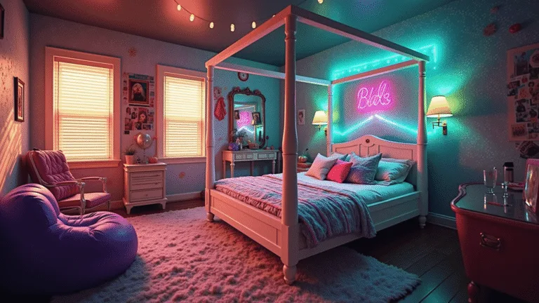 The 90s Bedroom Aesthetic: A Nostalgic Revival A vibrant 90s-themed bedroom featuring a white four-poster bed, colorful bean bags, neon art patterns, and lava lamps, illuminated by golden hour sunlight and neon lights, all captured in photorealistic detail.