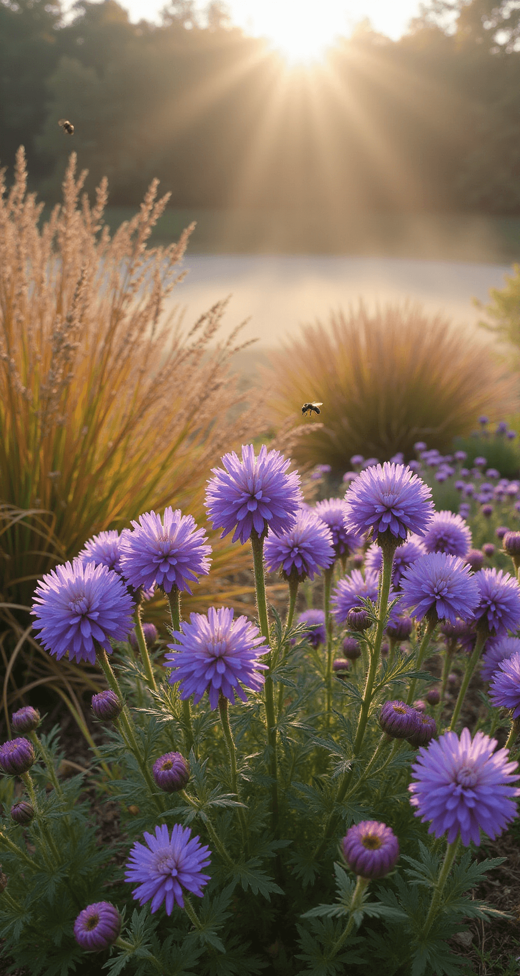 Spectacular Fall Flowers: Your Ultimate Guide to Autumn Garden Color A wide-angle view of a native garden bed filled with New England Asters in vibrant bloom, showcasing deep purple and pale lavender, with native bees hovering around the 4-foot tall flowers. The scene features autumn prairie grasses in a copper hue, set in a misty morning light. Colors include royal purple, lavender, and rose pink, framed by wheat-colored grasses.