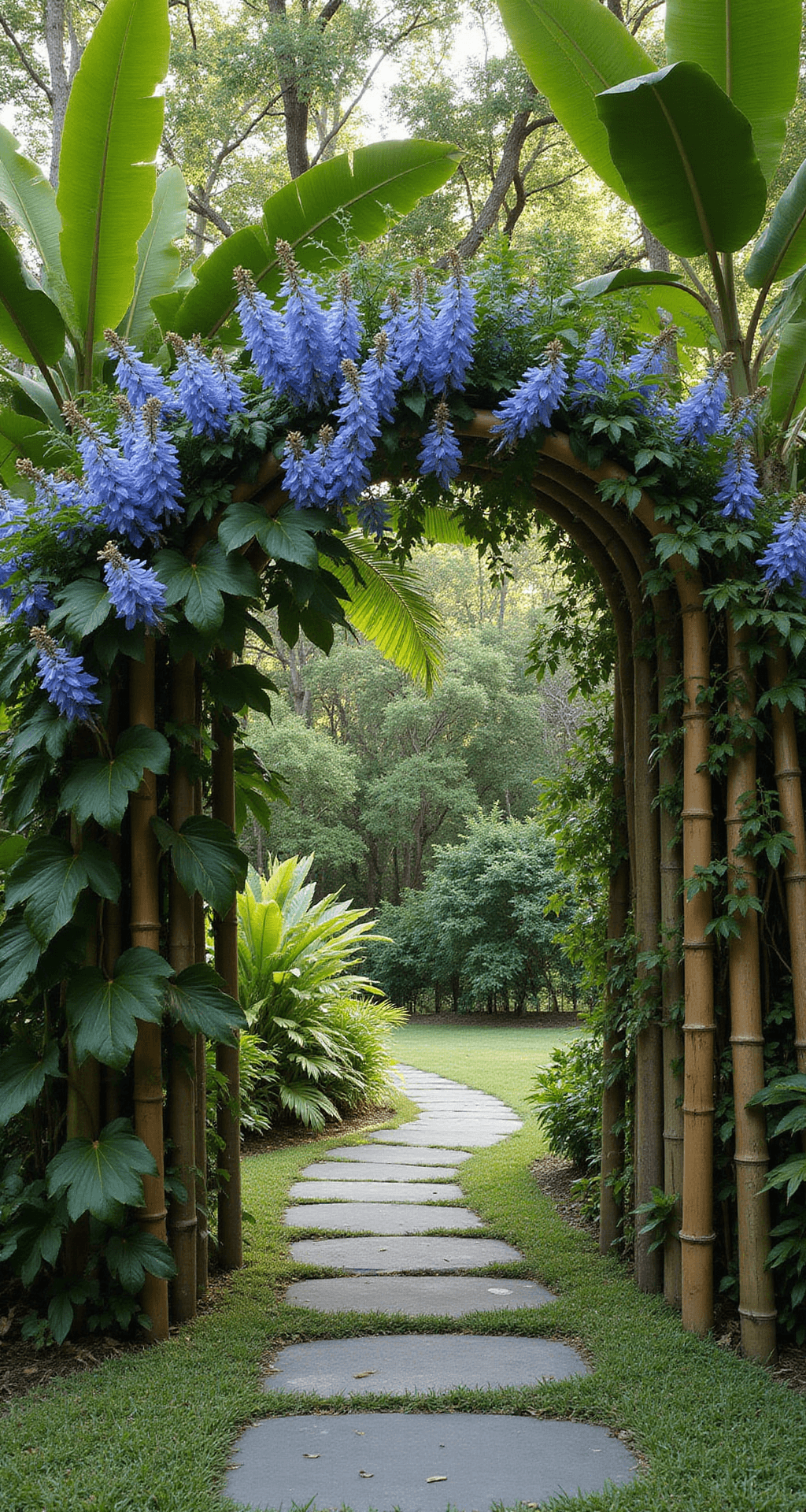 Stunning Garden Entrance Ideas: Transform Your Outdoor Welcome A tropical garden entrance featuring a tall bamboo archway draped in flowering Thunbergia grandiflora vines, framed by giant bird of paradise plants. The path consists of large irregular bluestone steppers set in lush mondo grass, captured from a corner angle to highlight depth and layering in bright light with deep shadows under the foliage. The scene is rich in deep greens and electric blue flowers against the dark charcoal stone.