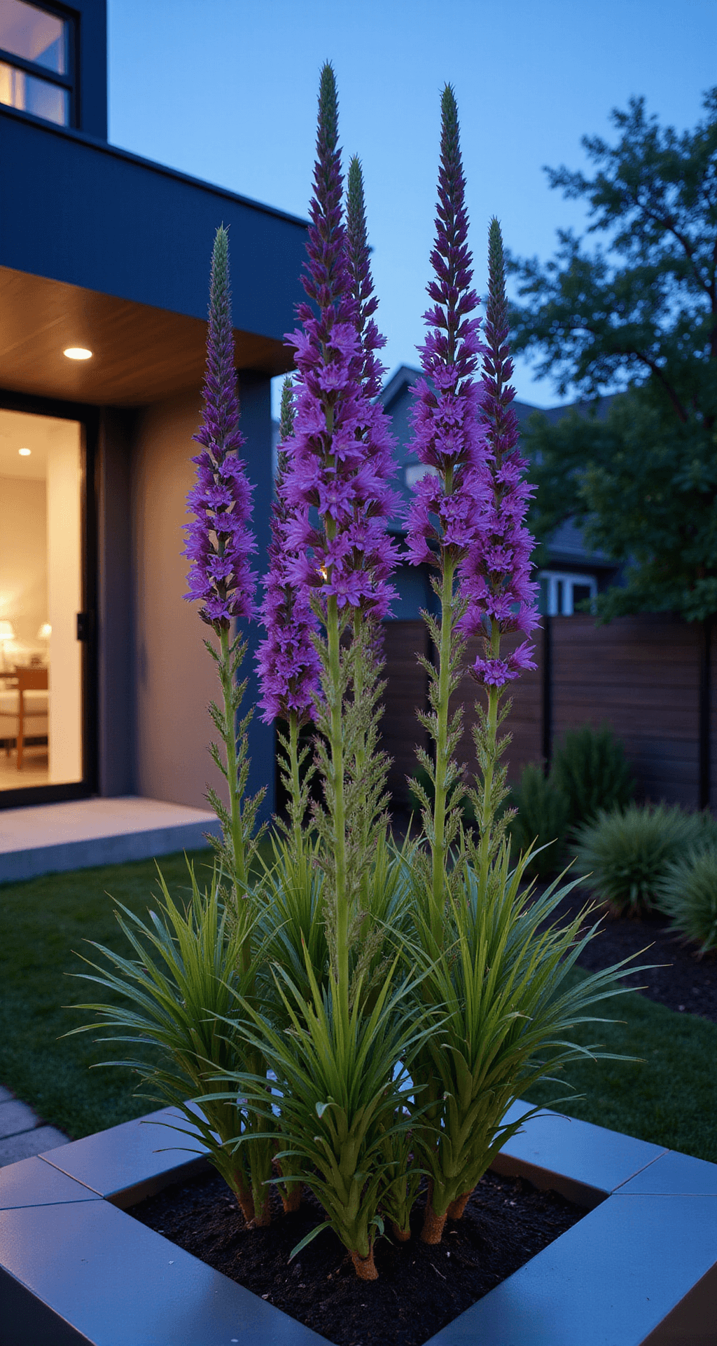 Spectacular Fall Flowers: Your Ultimate Guide to Autumn Garden Color Dramatic vertical composition of purple Blazing Star spikes in a contemporary garden at blue hour, featuring geometric planting against steel planters, with pollinators captured in motion blur amidst a minimalist design of deep purple, brushed steel, and charcoal colors.