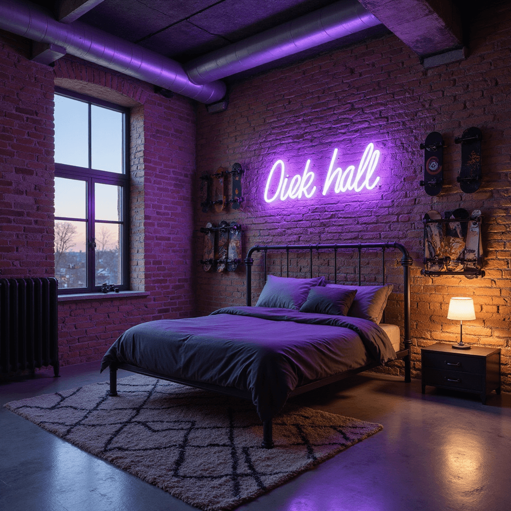 Street Style Bedroom: Your Ultimate Urban Design Guide Wide-angle view of a 15x18ft loft-style bedroom at dusk, featuring exposed brick walls, a black steel bed frame under a neon art piece, industrial shelving with streetwear, polished concrete floors with geometric rugs, and moody LED lighting.