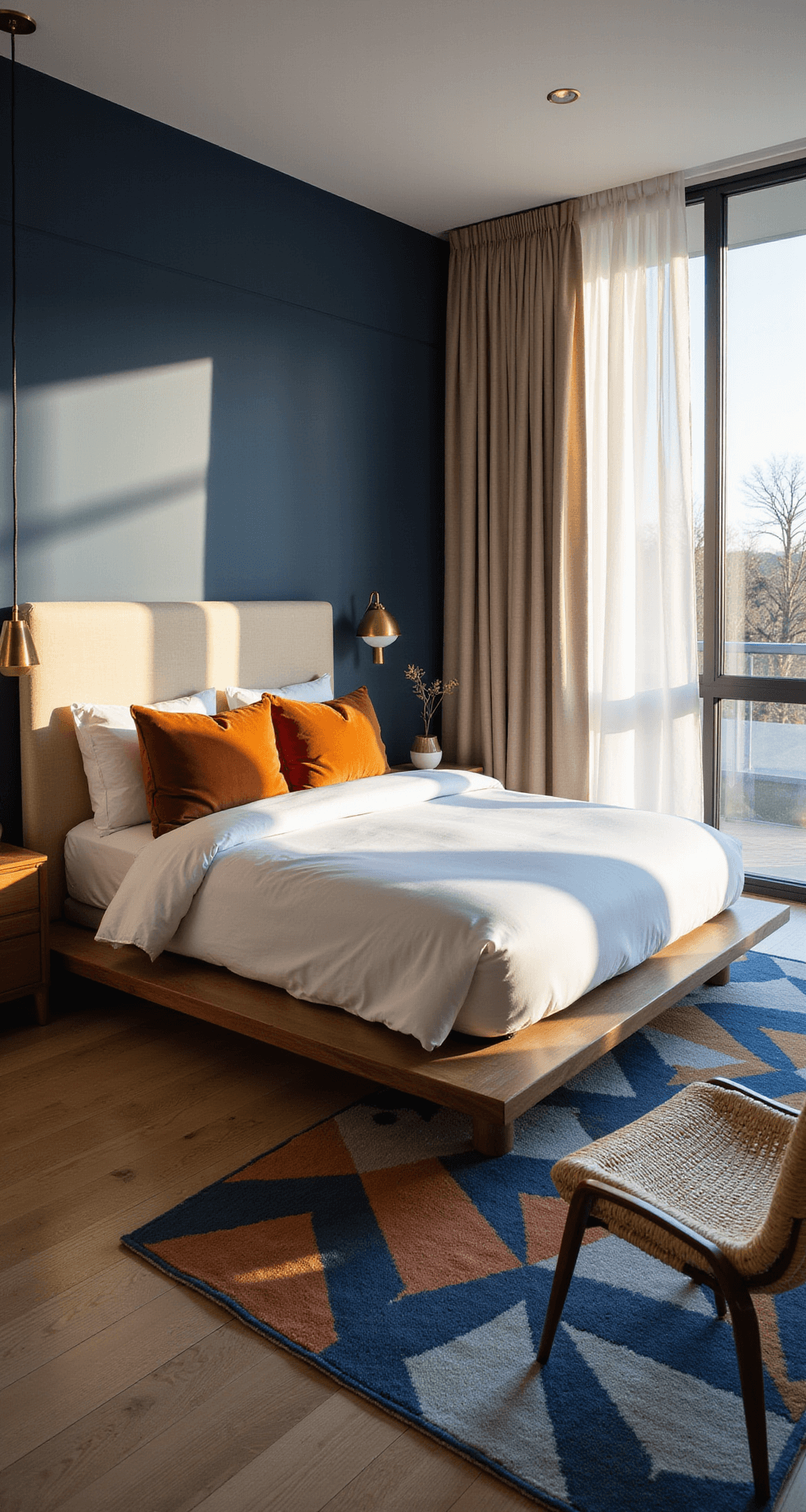 Blue and Orange Bedroom: A Vibrant Design Journey A spacious contemporary bedroom with a navy blue accent wall, modern platform bed in white linens, and burnt orange throw pillows, illuminated by golden hour sunlight through large windows, featuring brass pendant lights, a geometric wool rug, and a rattan chair.