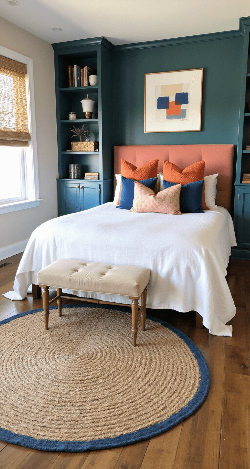 Blue and Orange Bedroom: A Vibrant Design Journey An overhead view of an intimate 12x12ft bedroom at dawn, featuring teal built-in bookshelves, a coral upholstered headboard, and white linen bedding with persimmon and cerulean throw pillows. A circular jute rug with a blue border is centered on oak flooring, complemented by a brass mirror and abstract artwork in blue and orange. Woven bamboo roman shades filter the diffused morning light.
