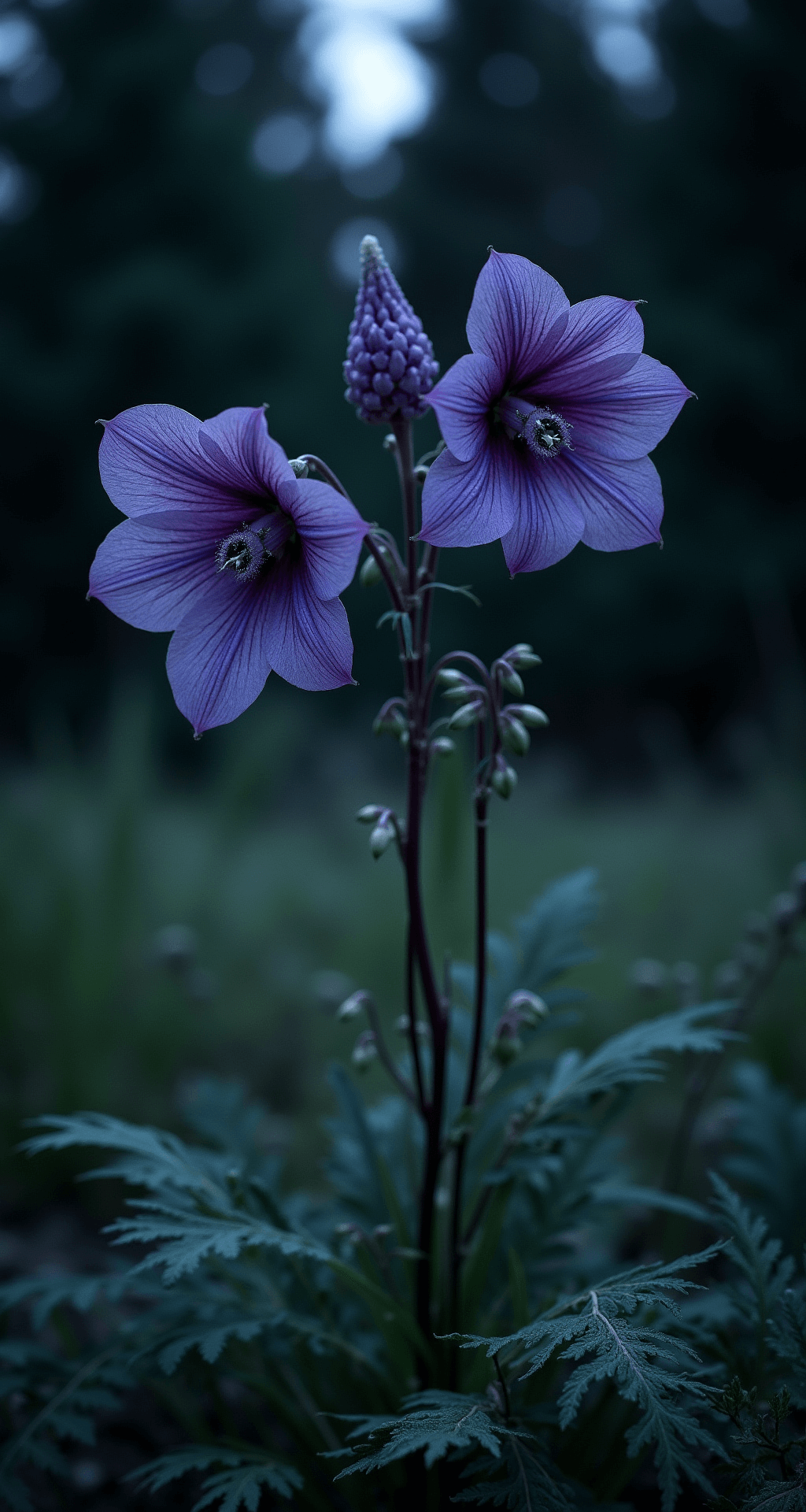 Spectacular Fall Flowers: Your Ultimate Guide to Autumn Garden Color Mysterious woodland garden at dusk featuring Monkshood in an ethereal mood, with subtle lighting illuminating the toxic flowers against a dark evergreen backdrop, complemented by black mondo grass and silver-painted ferns, creating a gothic atmosphere of deep shadows and highlighted blooms in midnight blue, violet, silver, and forest green accents.