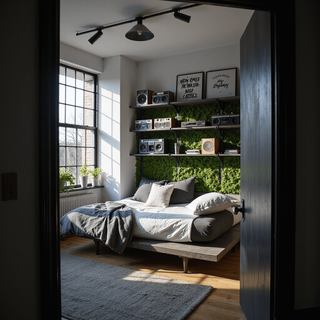 Street Style Bedroom: Your Ultimate Urban Design Guide Intimate urban bedroom scene with filtered sunlight casting shadows on white walls adorned with hand-painted black typography art. A monochrome platform bed features charcoal linens and silver accents, while vintage boom boxes are displayed on raw steel shelving. A preserved moss wall adds organic texture, complemented by directional LED lighting.