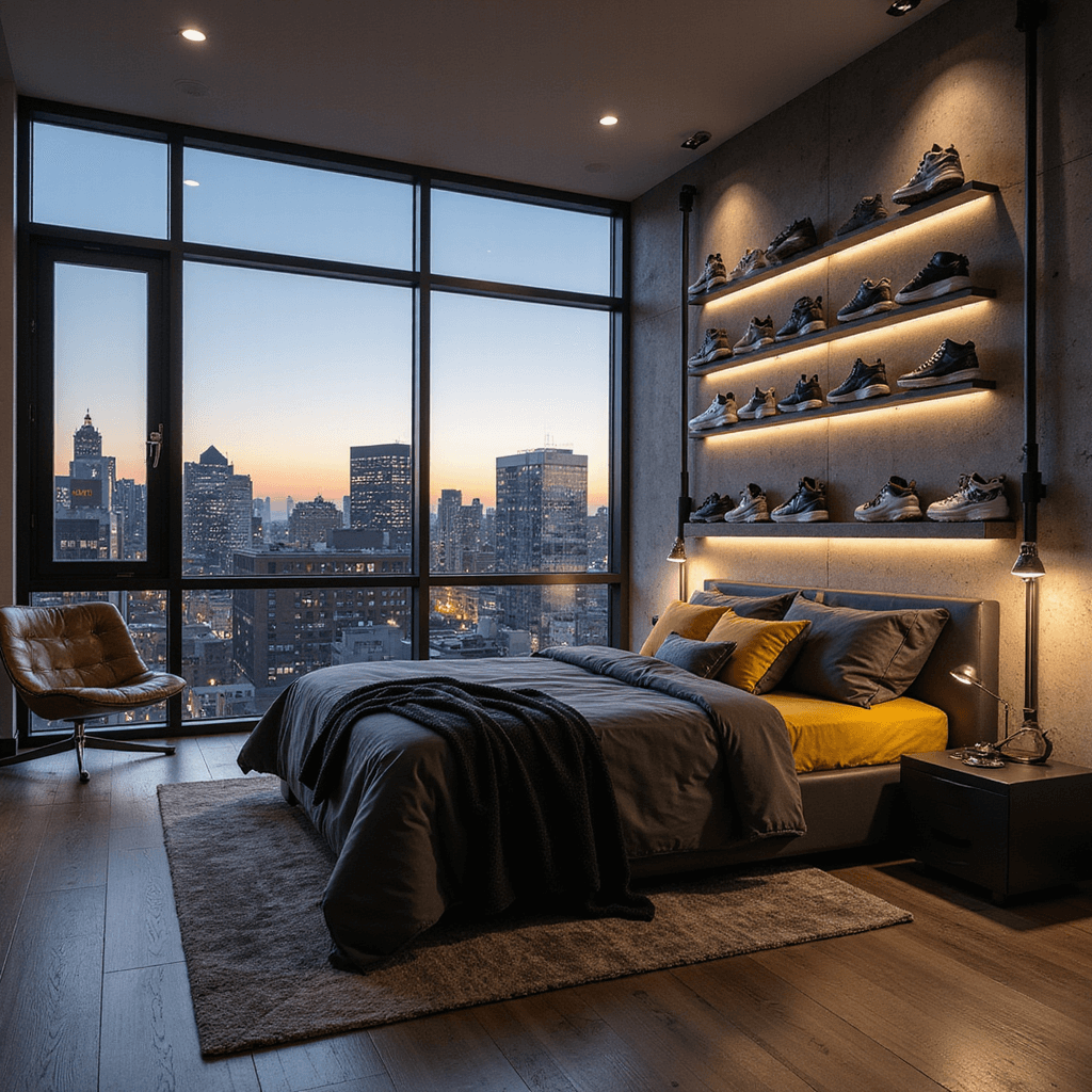 Street Style Bedroom: Your Ultimate Urban Design Guide Corner perspective of a contemporary bedroom featuring a floor-to-ceiling window wall with city views, a low-profile bed with a concrete headboard and LED strips, a sneaker wall display with museum lighting, a distressed leather accent chair with a chrome side table, and a color palette of grays and blacks accented by electric yellow, all captured at twilight with a shallow depth of field.