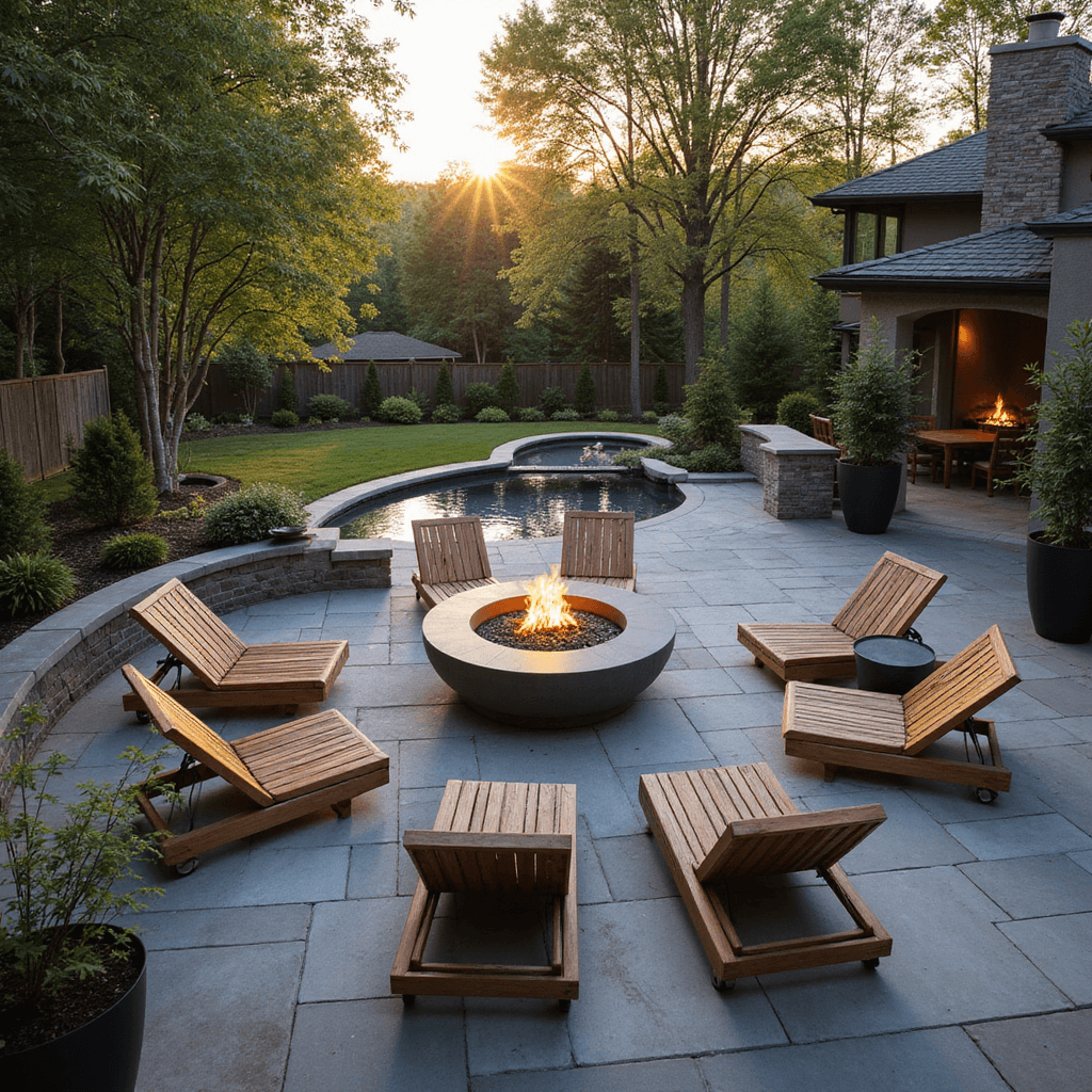 Transforming Your Suburban Backyard: A Comprehensive Guide to Modern Outdoor Living Aerial view of a luxurious suburban backyard patio during golden hour, featuring a sleek circular fire pit surrounded by modern teak loungers, warm grey stone pavers, LED landscape lighting, and mature bamboo privacy screens, enhanced by soft natural light and golden sunlight.