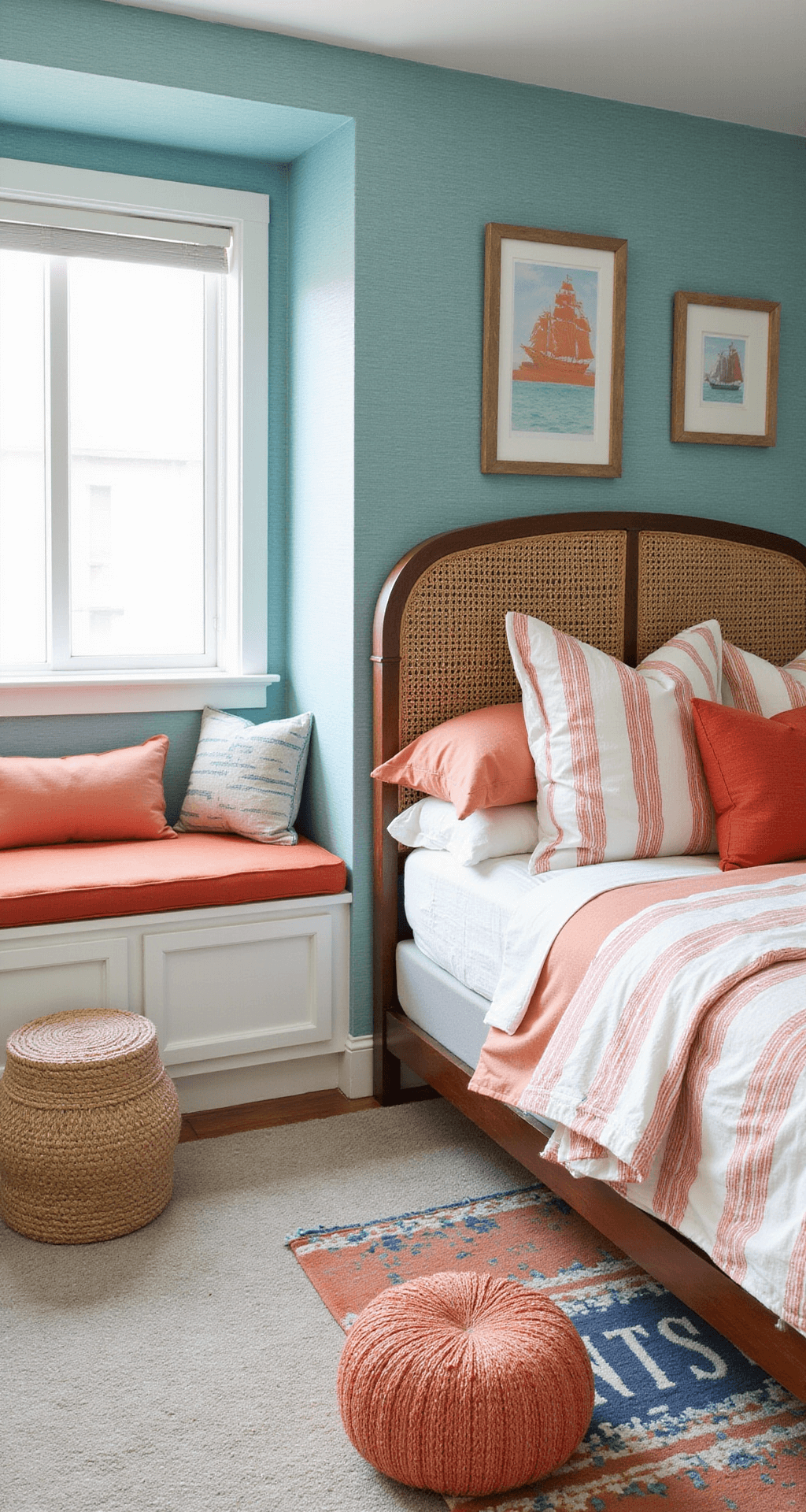 Blue and Orange Bedroom: A Vibrant Design Journey A coastal-inspired bedroom featuring seafoam blue walls and coral-striped bedding, with a rattan headboard, wide-angle view of a window seat with orange cushions, maritime artwork, jute poufs, and a vintage blue and orange rug.