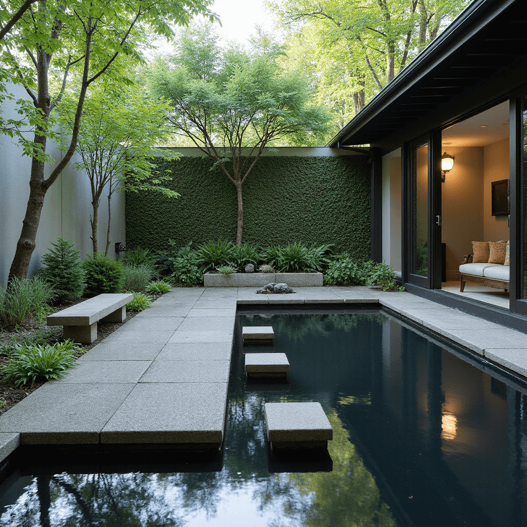 Transforming Your Suburban Backyard: A Comprehensive Guide to Modern Outdoor Living Intimate Zen water garden courtyard featuring a reflective pool, minimalist stepping stones, Japanese maples, and a vertical green wall, captured in soft morning light with a natural stone bench for meditation.