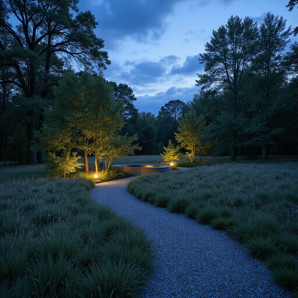 Transforming Your Suburban Backyard: A Comprehensive Guide to Modern Outdoor Living A twilight view of a sprawling naturalistic garden featuring a winding gravel path through native grasses, illuminated by uplighting on specimen trees. A stone water basin reflects the deep blues and silvers of dusk, capturing an immersive atmosphere.