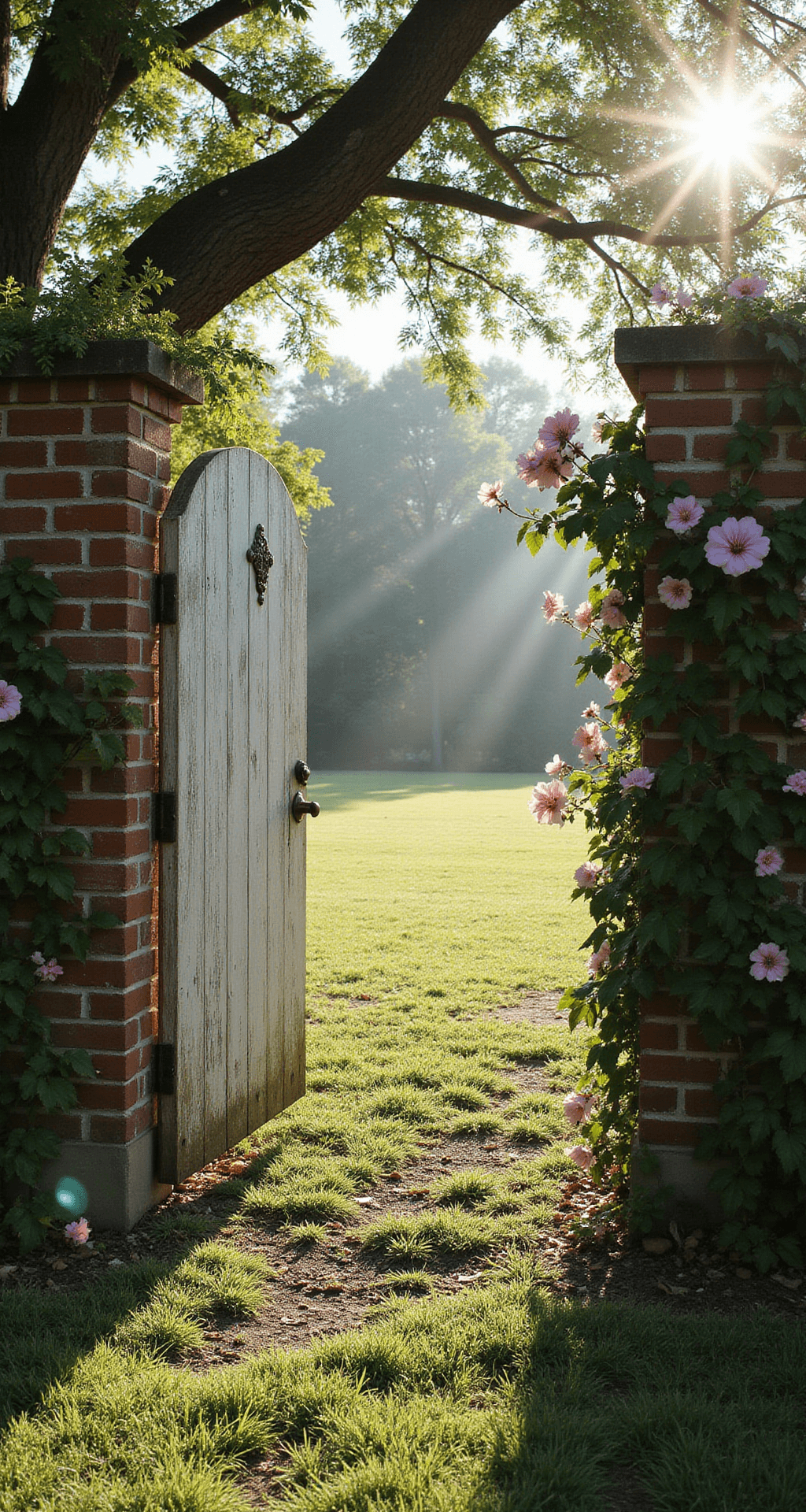 Inspiring Garden Gate Ideas: Transform Your Outdoor Entrance A sunlit garden entrance featuring a distressed white arched wooden gate between brick pillars, adorned with clematis vines and framed by soft pink climbing roses, with morning fog and dappled shadows from oak branches.