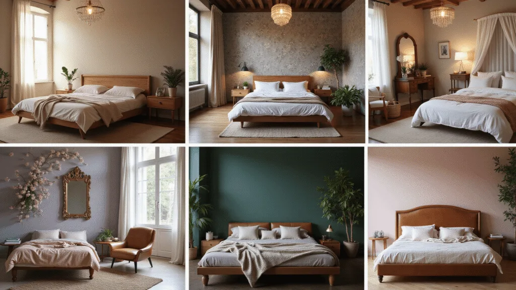 Aesthetic Bedroom Ideas: Transform Your Space into a Personal Haven A cinematic compilation of six distinct bedroom styles in a high-end interior design magazine layout, featuring minimalist, vintage romance, rustic, whimsical, coquette elegance, and dark academia designs, each with unique lighting and details.