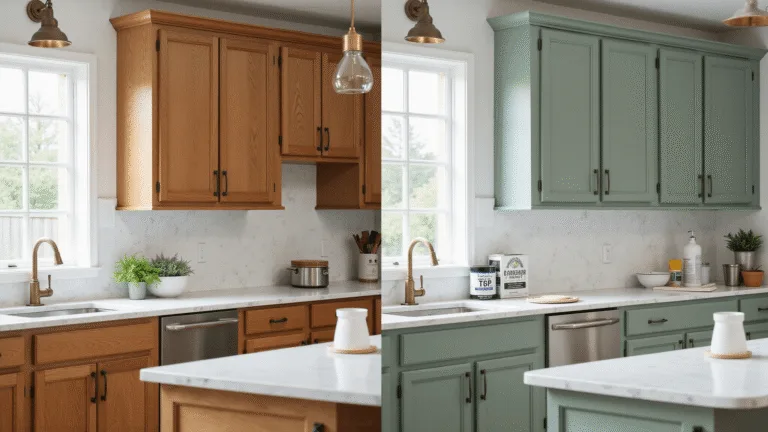 Painted Kitchen Cabinets: A Complete DIY Transformation Guide Split-scene image showcasing the transformation of kitchen cabinets from original oak to freshly painted sage green, with organized painting supplies, natural light, and stylish decor elements.