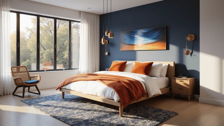 Blue and Orange Bedroom: A Vibrant Design Journey A contemporary bedroom with a navy blue accent wall, modern platform bed adorned with white linens and burnt orange pillows, featuring brass pendant lights, a geometric rug, and an abstract artwork, all bathed in golden hour sunlight.