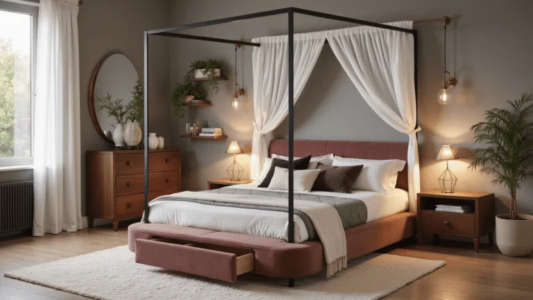 Small Bedroom Ideas for Couples: Maximizing Space with Style Cozy couples' bedroom featuring a velvet platform bed with a black metal canopy, layered textures, warm lighting, and a romantic atmosphere.