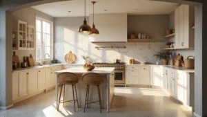 Cream Kitchen Cabinets: Your Warm and Versatile Design Sanctuary Photorealistic image of a spacious modern kitchen featuring cream shaker-style cabinets, Calacatta marble countertops, vintage brass pendant lights, and natural woven baskets, illuminated by golden morning sunlight through large windows.