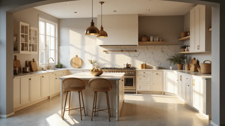 Cream Kitchen Cabinets: Your Warm and Versatile Design Sanctuary Photorealistic image of a spacious modern kitchen featuring cream shaker-style cabinets, Calacatta marble countertops, vintage brass pendant lights, and natural woven baskets, illuminated by golden morning sunlight through large windows.