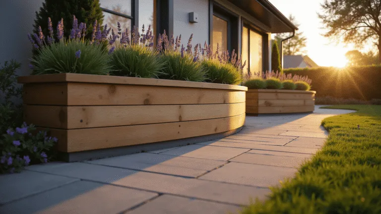 Garden Borders with Sleepers: Transform Your Outdoor Space Like a Pro Photorealistic wide-angle shot of a curved garden border featuring honey-toned oak sleepers arranged in an S-curve, adorned with lavender and ornamental grasses, illuminated by golden hour lighting, showcasing rich wood textures and dramatic shadows.
