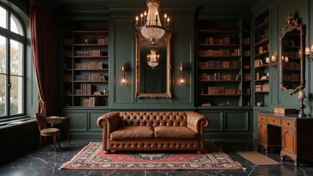Photorealistic image of a dramatic dark academic library-study featuring mahogany bookshelves, a vintage leather sofa, deep green walls, and warm ambient lighting.