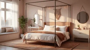 Teen Girl Bedroom Ideas: Creating the Perfect Personal Sanctuary Photorealistic image of a spacious teen girl's bedroom with a modern metal canopy bed, blush velvet bedding, and warm brass accents, captured during golden hour with natural sunlight filtering through sheer white curtains, featuring a statement vanity, macramé wall hanging, vintage-style rug, and ambient fairy lights.