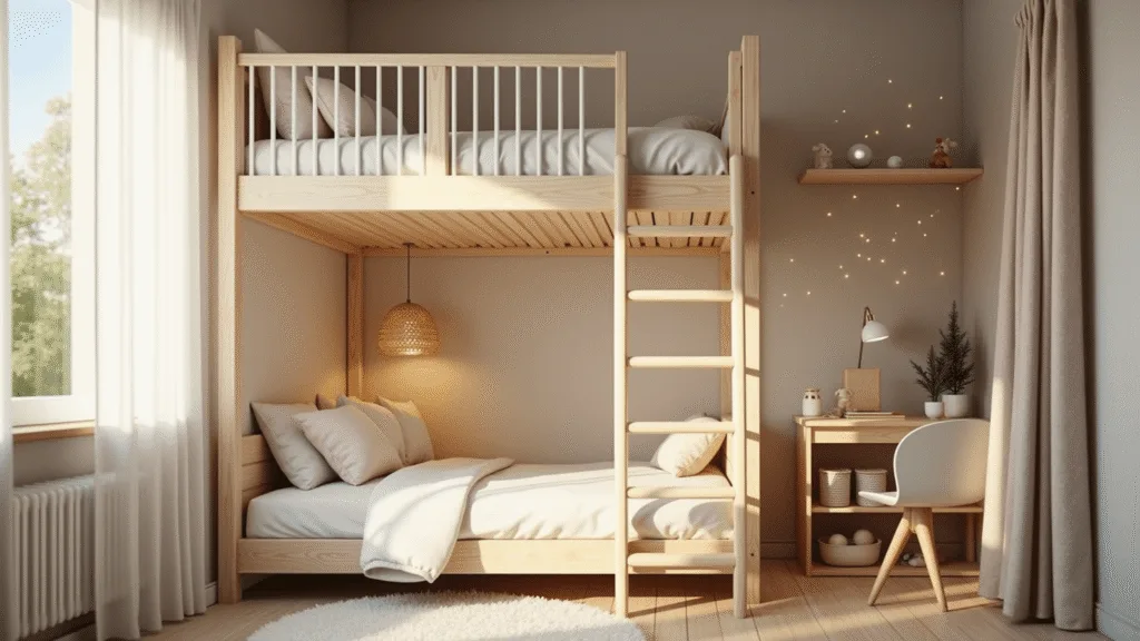 Small Toddler Bedroom Ideas: Creating Magic in Tiny Spaces A cozy toddler bedroom featuring soft cream walls and cloud wallpaper, a natural wood loft bed, a reading nook with plush cushions, twinkle lights, and floating oak shelves filled with children's books and toys, all bathed in warm golden hour sunlight.