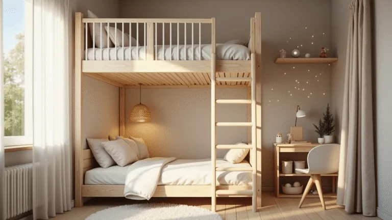 Small Toddler Bedroom Ideas: Creating Magic in Tiny Spaces A cozy toddler bedroom featuring soft cream walls and cloud wallpaper, a natural wood loft bed, a reading nook with plush cushions, twinkle lights, and floating oak shelves filled with children's books and toys, all bathed in warm golden hour sunlight.