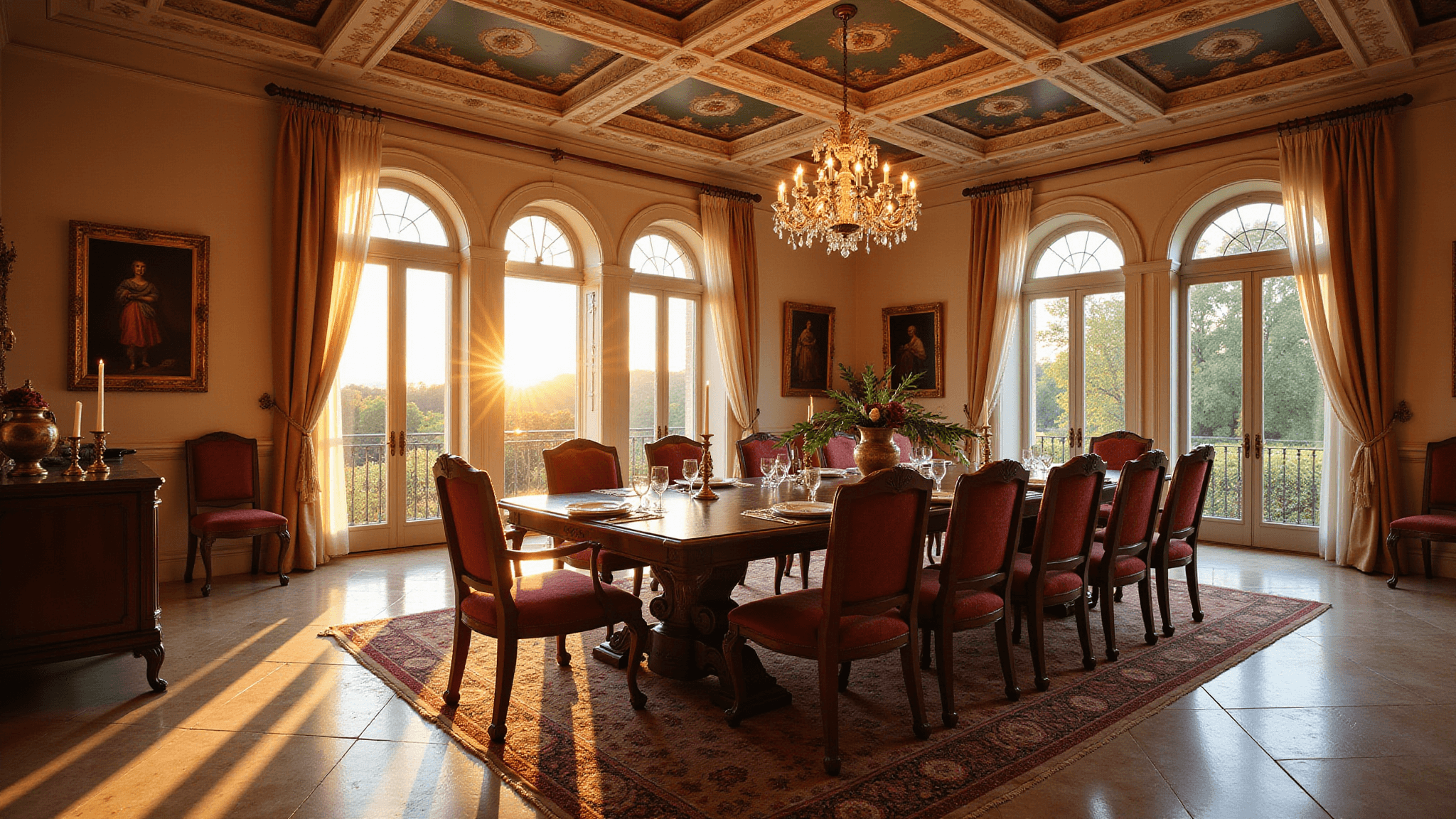 Photorealistic interior of an elegant Italian villa dining room at golden hour, featuring a grand dark walnut dining table with ornate legs, damask chairs, coffered ceiling with frescos, crystal chandelier, arched windows with sheer drapes, butter cream walls with tapestries and paintings, limestone floors with a Persian runner, set for dinner with fine china and a centerpiece of olive branches and burgundy roses.