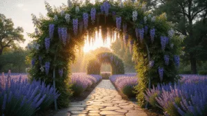 Garden Arches: Transform Your Outdoor Space into a Magical Retreat A wide-angle view of a weathered Victorian-style copper garden arch draped with purple wisteria and white roses, framed by golden hour sunlight filtering through the foliage, leading to a blooming English cottage garden with lavender bushes, captured in hyperdetail.
