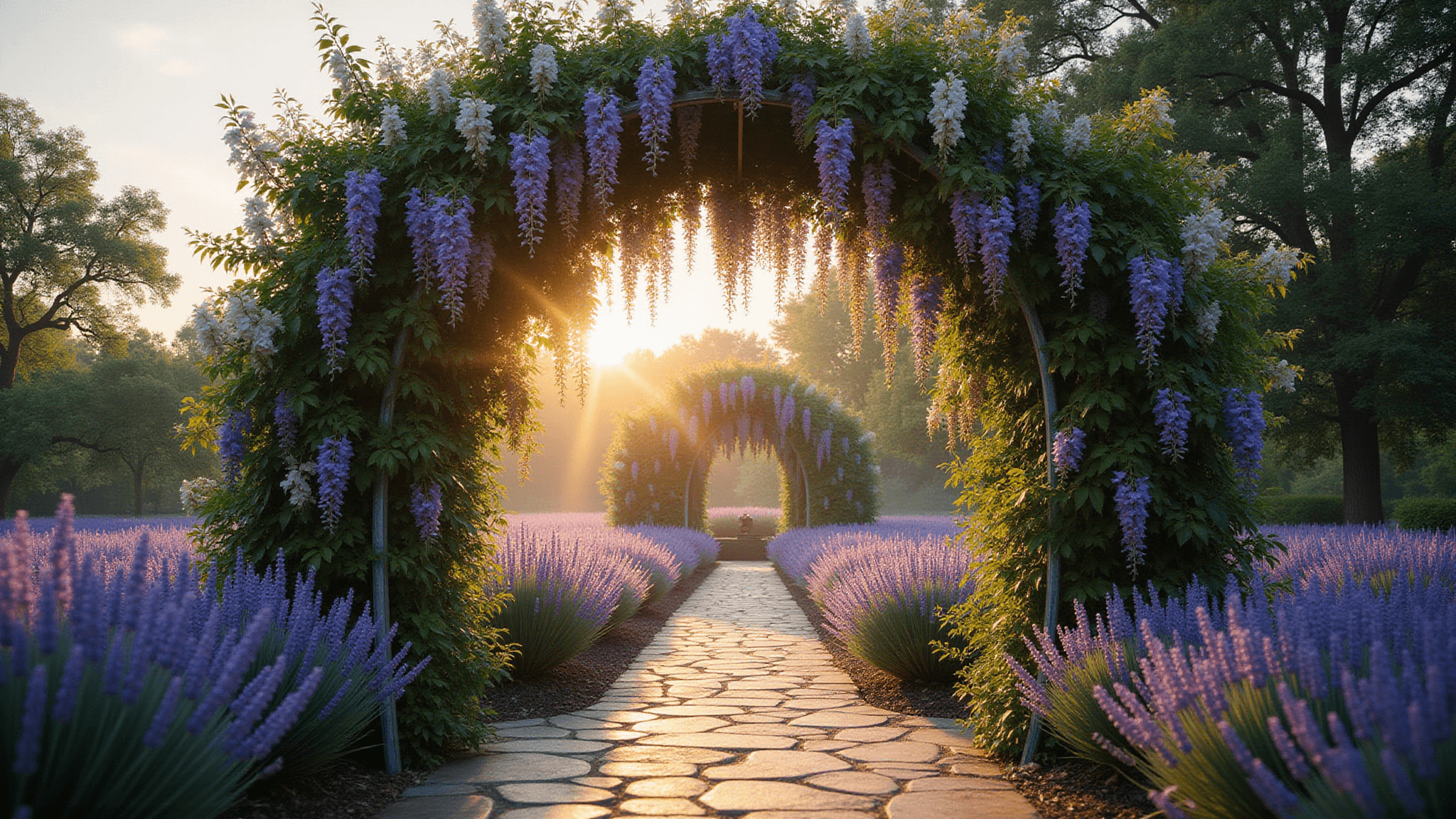 A wide-angle view of a weathered Victorian-style copper garden arch draped with purple wisteria and white roses, framed by golden hour sunlight filtering through the foliage, leading to a blooming English cottage garden with lavender bushes, captured in hyperdetail.