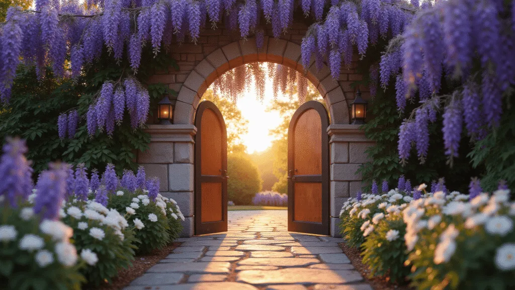Stunning Garden Entrance Ideas: Transform Your Outdoor Welcome A photorealistic garden entrance with a grand stone archway draped in purple wisteria, featuring a weathered copper gate, a flagstone path lined with lavender and white roses, bathed in golden hour sunlight with soft bokeh and dappled shadows.