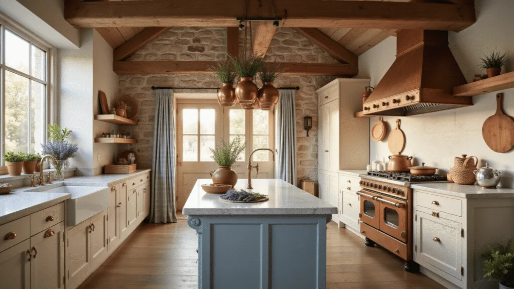 A sunlit French country kitchen featuring wooden beams, a marble island, vintage cabinets, and terracotta pots of lavender, with warm tones and rustic elegance highlighted in the golden hour light.