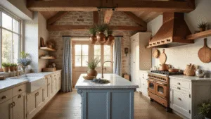 Create Your Dream French Country Kitchen: An Essential Design Guide A sunlit French country kitchen featuring wooden beams, a marble island, vintage cabinets, and terracotta pots of lavender, with warm tones and rustic elegance highlighted in the golden hour light.
