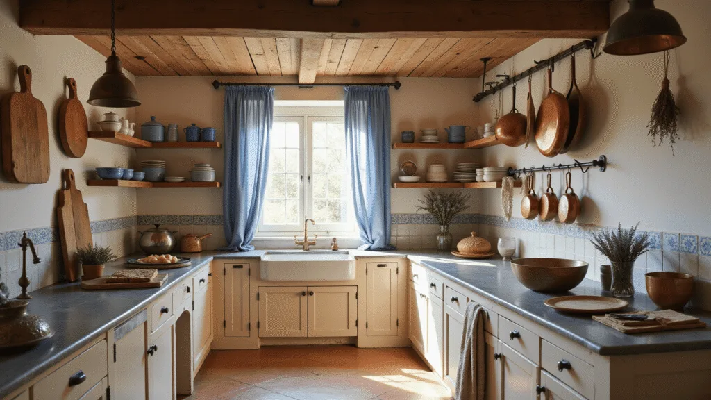 A beautifully sunlit vintage French country kitchen featuring weathered oak beams, a farmhouse sink, copper cookware, and distressed pine shelving, all enhanced by terracotta flooring and soft shadows from a brass pendant light.