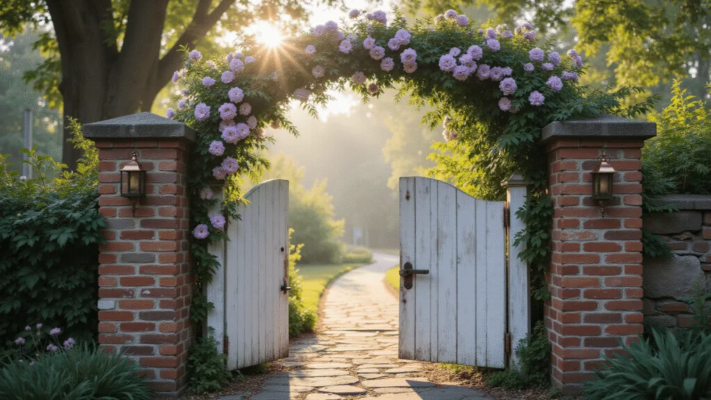 Inspiring Garden Gate Ideas: Transform Your Outdoor Entrance Photorealistic image of a charming arched wooden garden gate entwined with blooming purple clematis and blush pink roses, framed by weathered brick pillars, dappled sunlight creating a dreamy atmosphere with a winding stone pathway leading into a lush cottage garden.