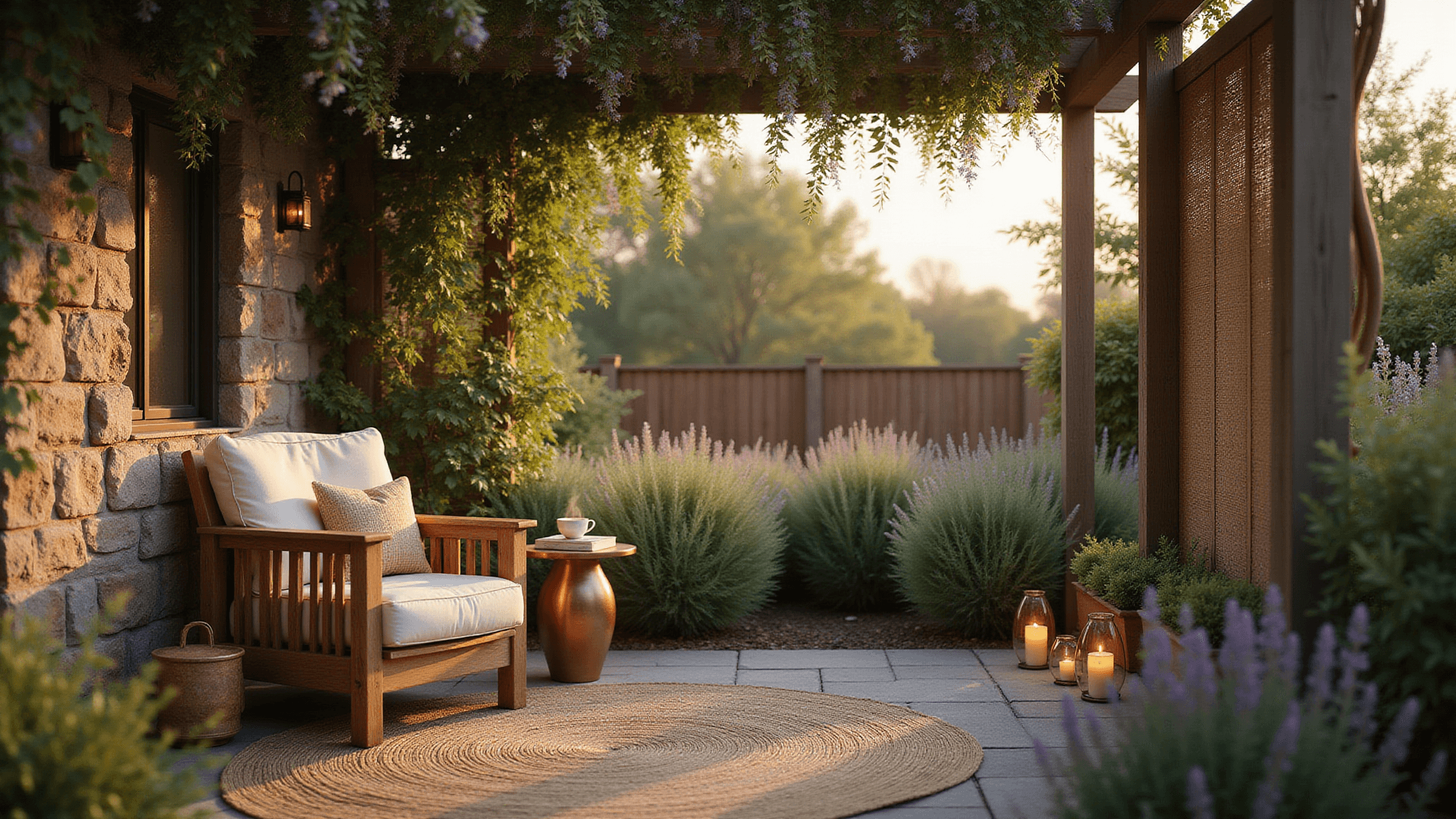 A serene garden nook at golden hour featuring a teak armchair with cream cushions, a vintage copper side table with tea and a book, surrounded by jasmine and ivy, with dappled sunlight through wisteria, lavender, and ornamental grasses, string lights, and hurricane lanterns, all framed by bamboo screens and a textured outdoor rug.