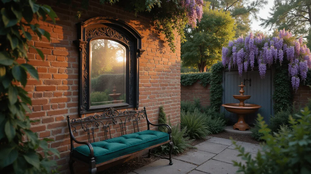 Garden Mirror Magic: Transform Your Outdoor Space with Reflective Elegance Cinematic wide-angle view of a Gothic-style garden mirror framed in ornate black metal, reflecting a copper fountain amidst wisteria, with a vintage wrought-iron bench and climbing roses under warm sunset lighting, evoking a moody atmosphere.