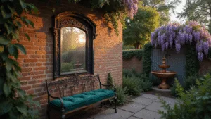 Cinematic wide-angle view of a Gothic-style garden mirror framed in ornate black metal, reflecting a copper fountain amidst wisteria, with a vintage wrought-iron bench and climbing roses under warm sunset lighting, evoking a moody atmosphere.