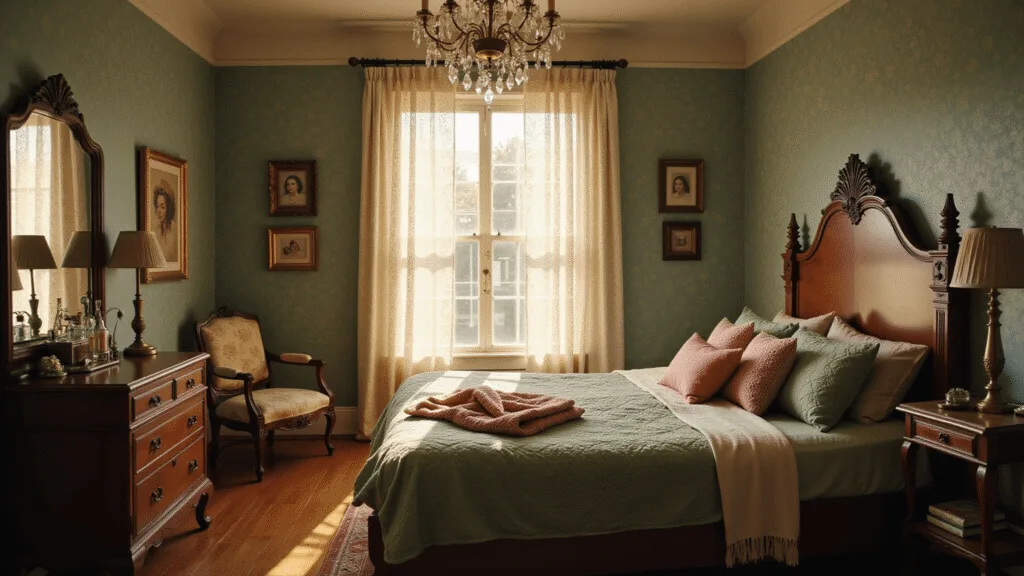 Granny Chic Bedroom: Creating a Cozy Nostalgic Sanctuary A sunlit vintage-modern fusion bedroom with a carved mahogany headboard, layered quilts, a Victorian vanity, and floral wallpaper, featuring modern lighting and decor, all captured in soft diffused light.